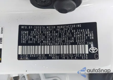 2022 Toyota Corolla Le из США, поврежденный, VIN 5YFEPMAE9NP321101